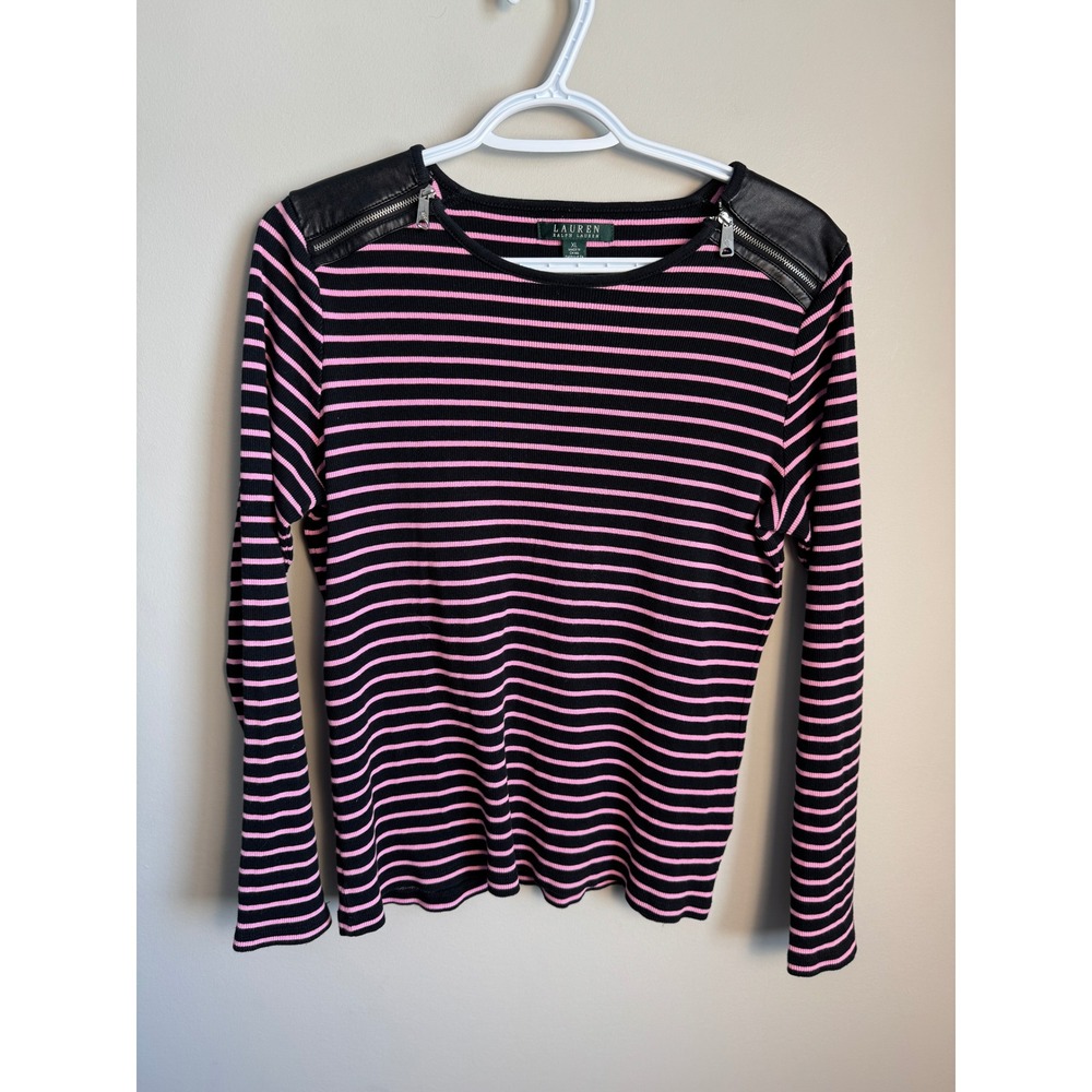 Lauren Ralph Lauren Striped Long Sleeve Top Faux Leather Zipper Shoulder XL